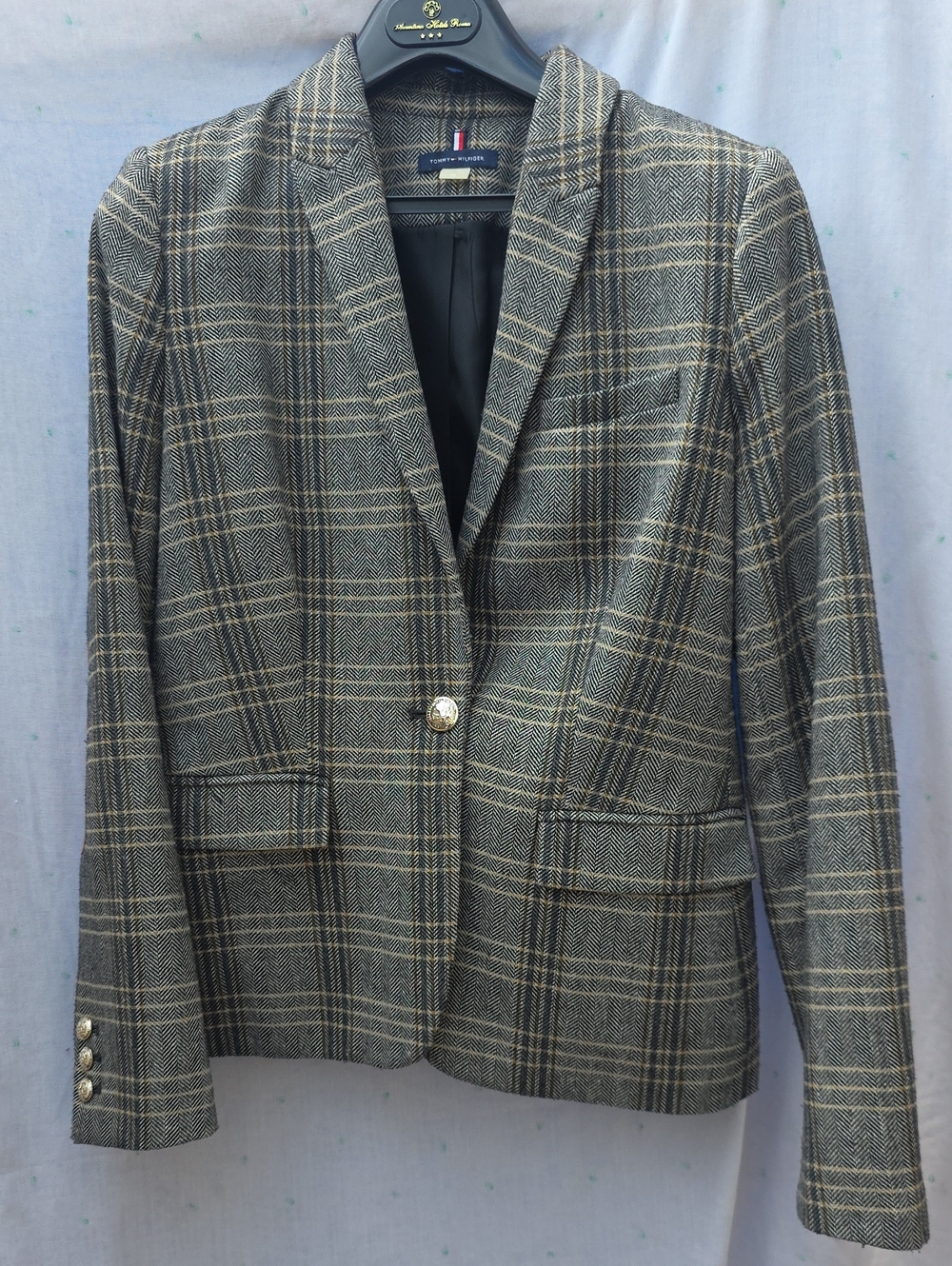 Tommy Hilfiger Plaid One-Button Tailored Blazer Jacket Elbow Patches Size 10